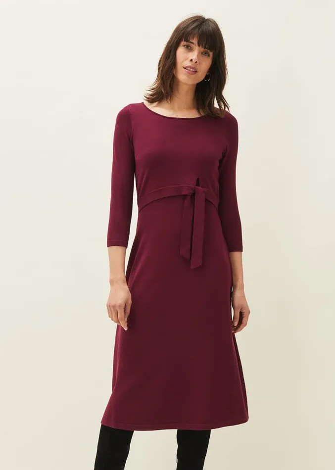 Dionne Tie Waist Dress Wine Women Phase Eight Dresses