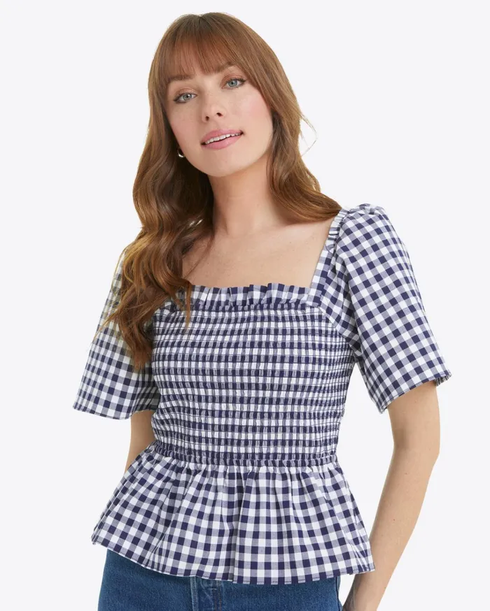 Draper James Deana Smocked Top In Navy Gingham Women Tops