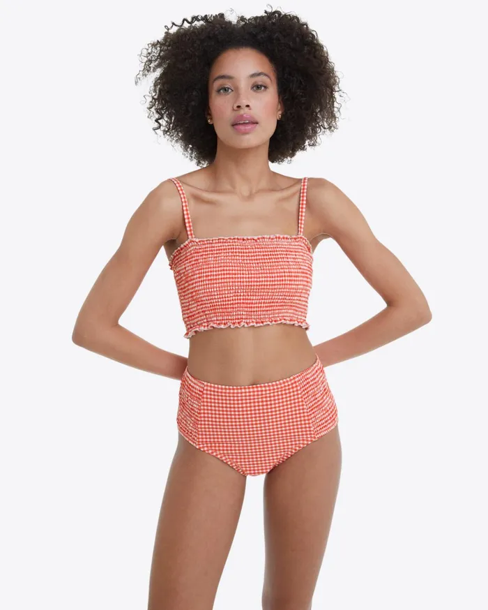 Draper James Smocked Bikini Bottom In Red Gingham Women Swim