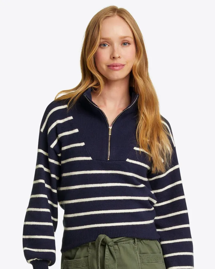 Draper James Striped Quarter Zip Sweater In Mariner Stripe Women Tops