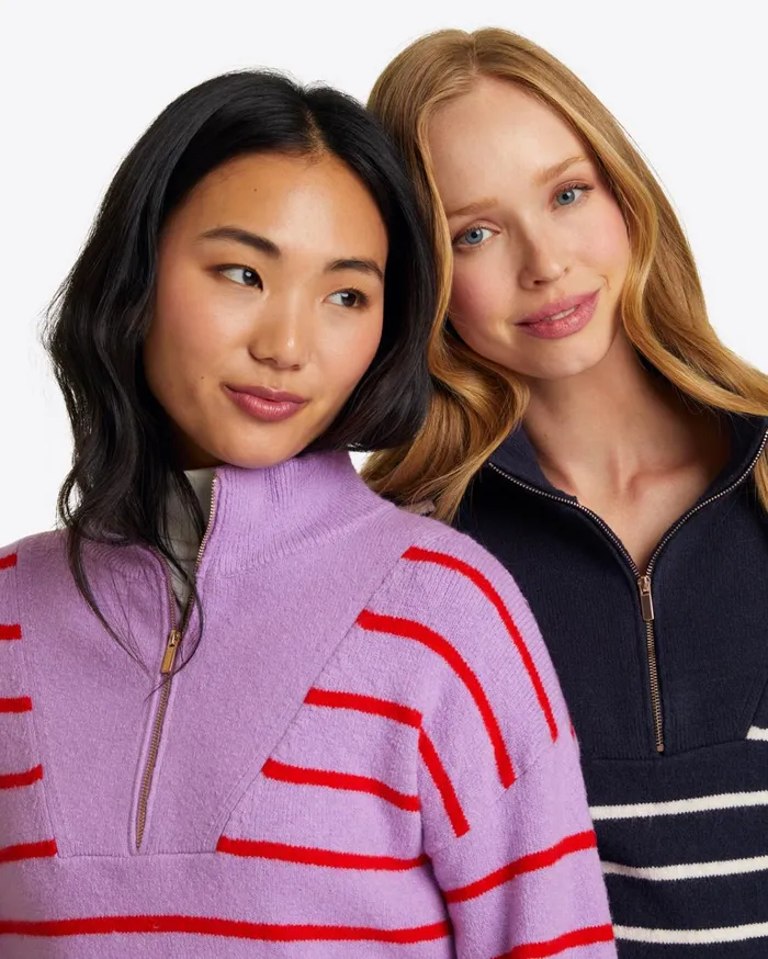Draper James Striped Quarter Zip Sweater In Mariner Stripe Women Tops