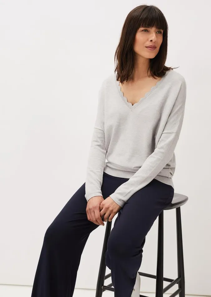 Dua Fine Knit VNeck Jumper Grey Marl Women Phase Eight Knitwear