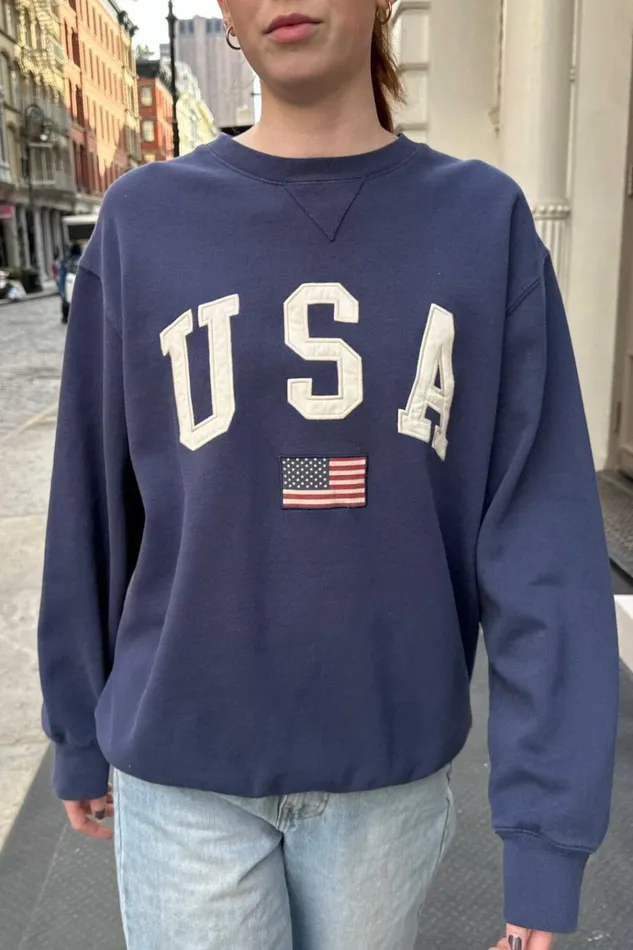 Erica Usa Flag Sweatshirt Navy Blue Women Brandy Melville Sweatpants and Sweatshirts