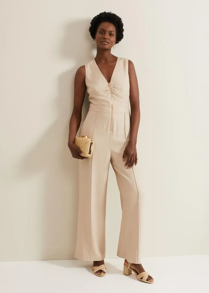 Fraya Zip Front Jumpsuit Stone Women Phase Eight Dresses
