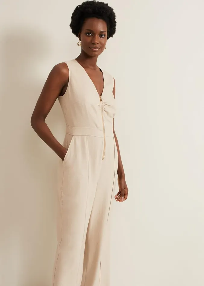 Fraya Zip Front Jumpsuit Stone Women Phase Eight Dresses