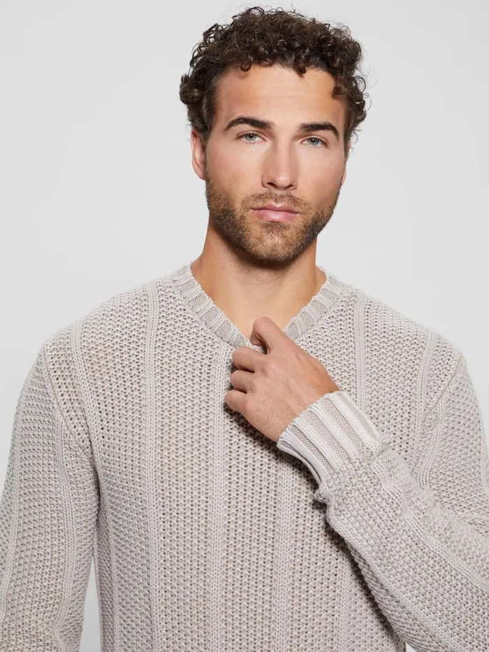 GUESS Essentials Shop Eli Treated Stitched Sweater Beige 8211 Men