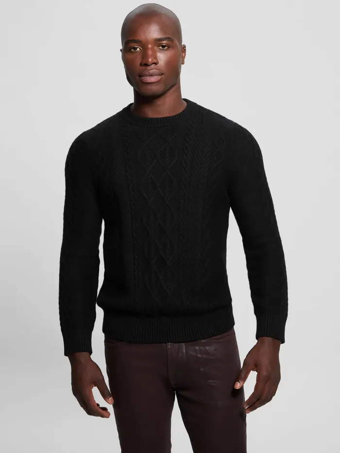 GUESS Featured Styles Eco Noah Crewneck Celtic CableKnit Sweater Black 8211 Men
