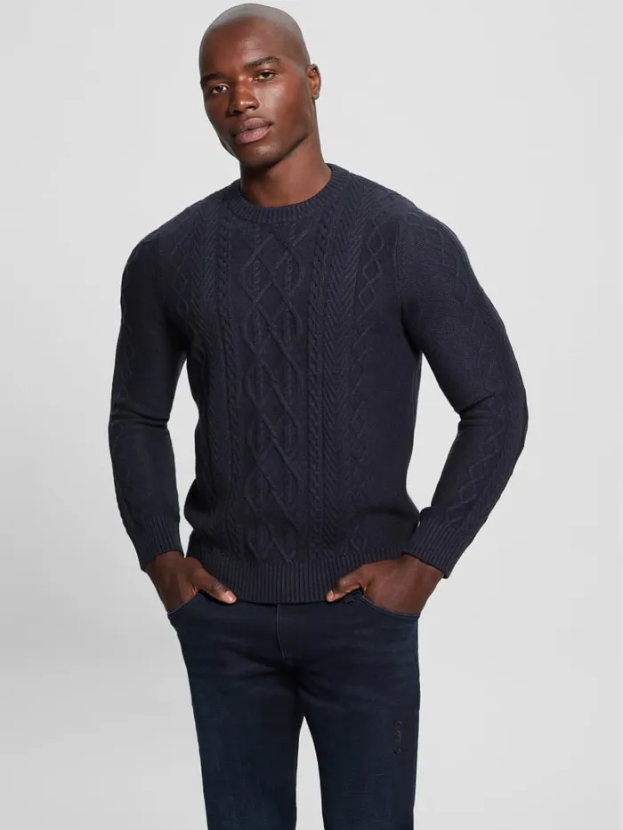 GUESS Featured Styles Eco Noah Crewneck Celtic CableKnit Sweater Black 8211 Men