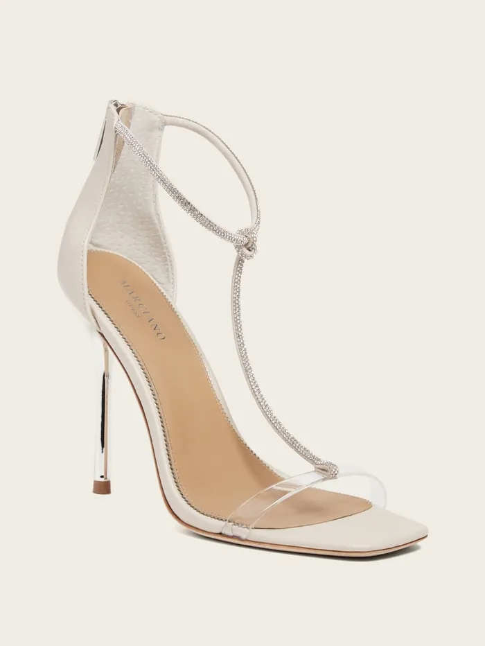 GUESS Heels Olivia TStrap Rhinestone Stiletto Neutral 8211 Unisex