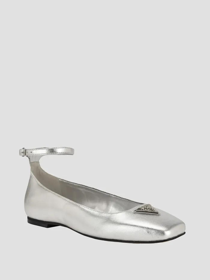 GUESS Shoes Metallic Ankle Strap Ballet Flats Silver 8211 Women