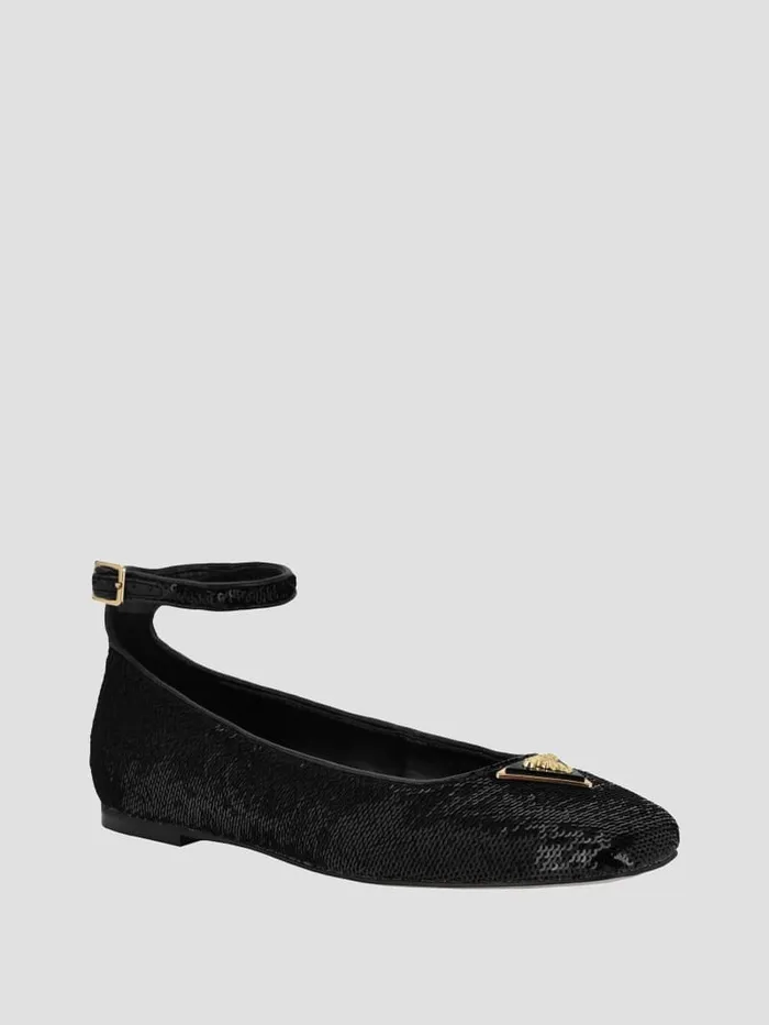 GUESS Shoes Sequin Ankle Strap Ballet Flats Black 8211 Women