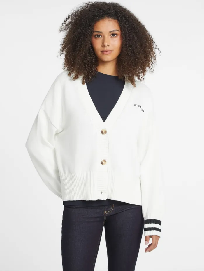 GUESS Sweaters and Knits Embroidered Logo Varsity Cardigan White 8211 Women