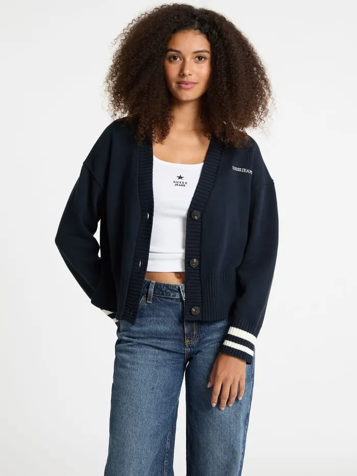 GUESS Sweaters and Knits Embroidered Logo Varsity Cardigan White 8211 Women