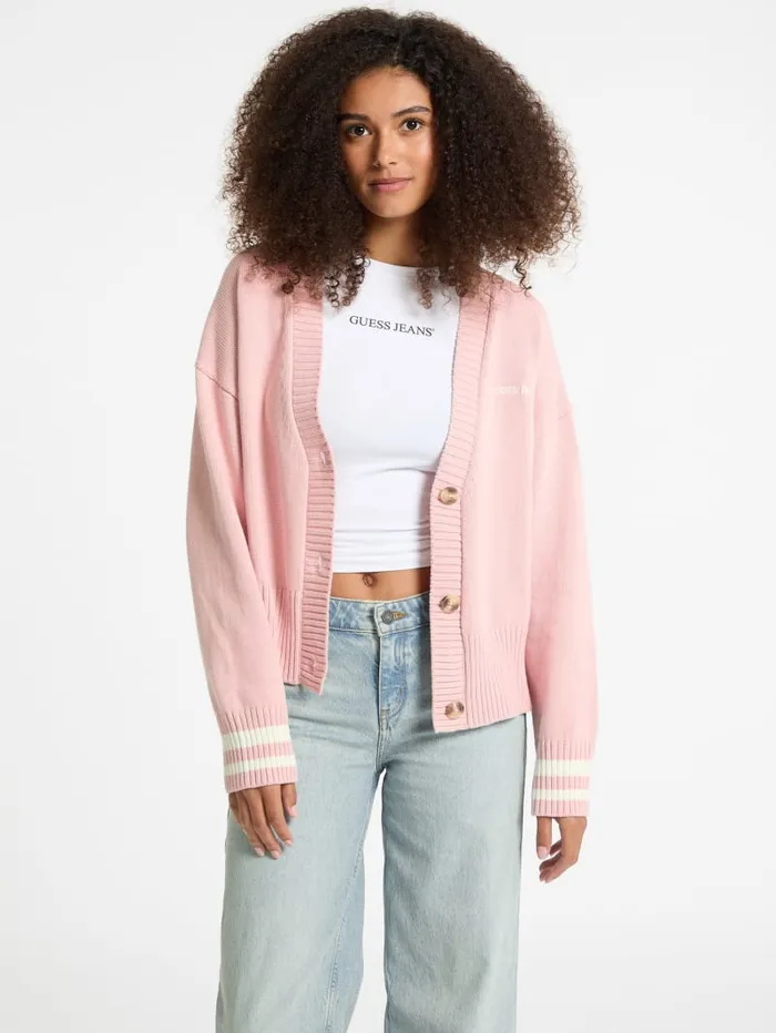GUESS Sweaters and Knits Embroidered Logo Varsity Cardigan White 8211 Women