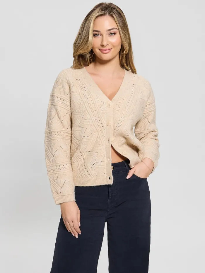 GUESS Tops Amelia Pointelle Cardigan Beige 8211 Women