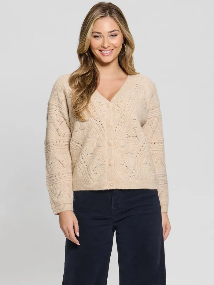 GUESS Tops Amelia Pointelle Cardigan Beige 8211 Women