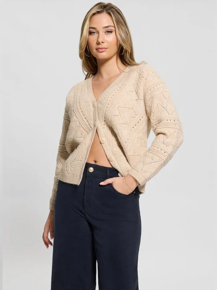 GUESS Tops Amelia Pointelle Cardigan Beige 8211 Women
