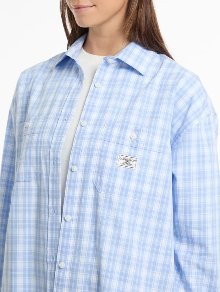 GUESS Tops and Tees Eco Oversized Plaid Poplin Shirt Blue 8211 Women
