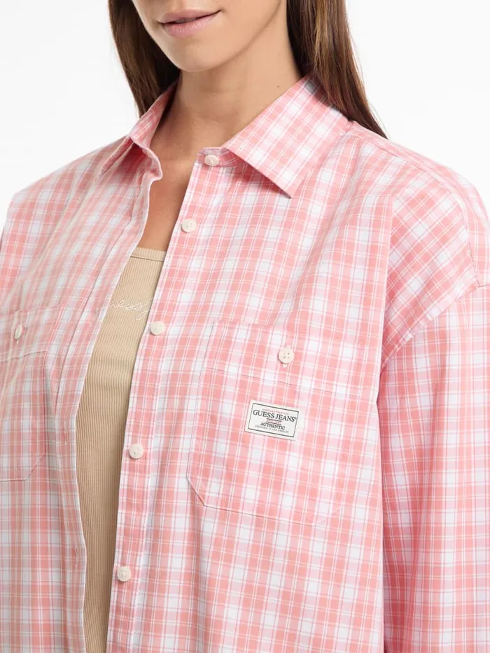 GUESS Tops and Tees Eco Oversized Plaid Poplin Shirt Blue 8211 Women