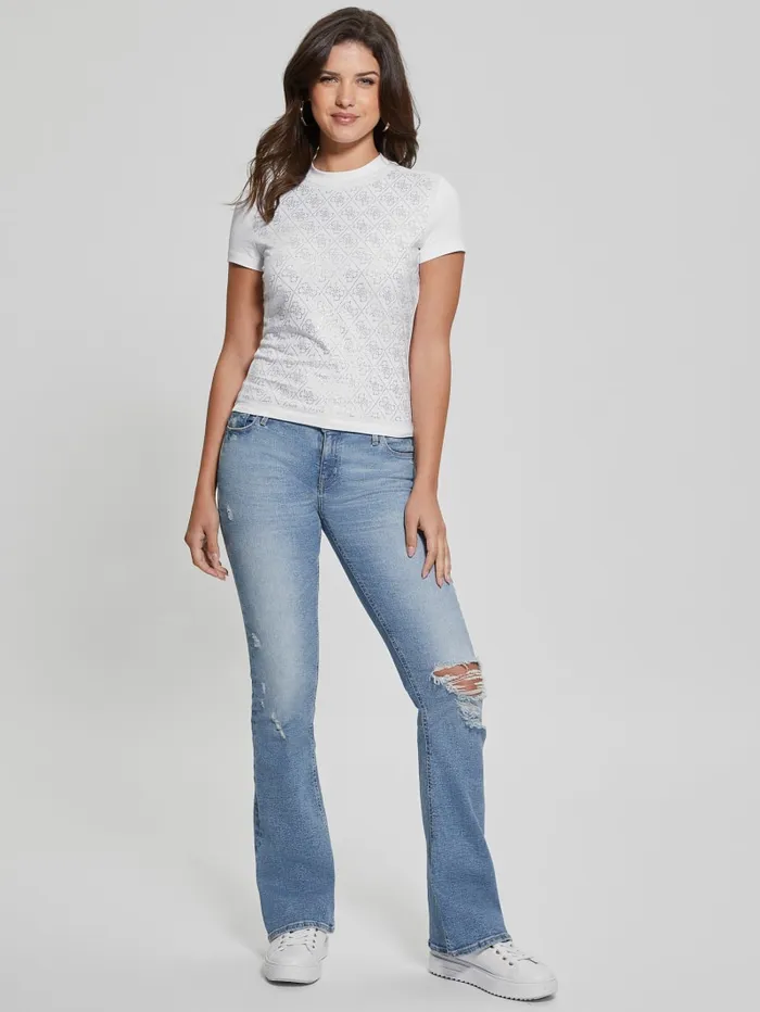 GUESS Tops Rhinestone Quattro G MockNeck Tee Blue 8211 Women