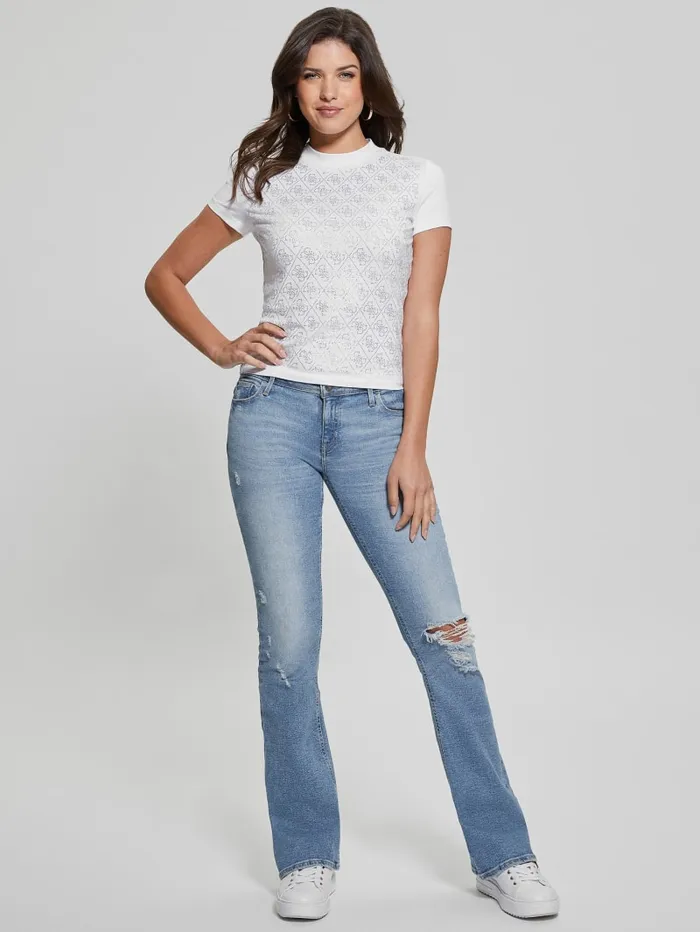 GUESS Tops Rhinestone Quattro G MockNeck Tee Blue 8211 Women