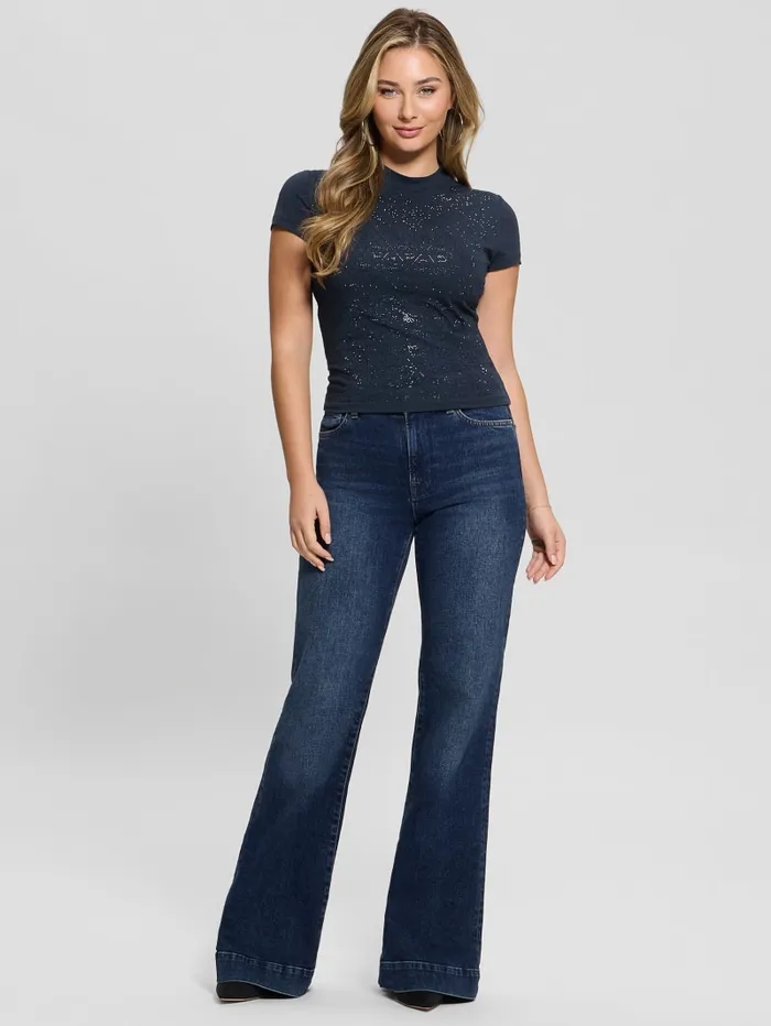 GUESS Tops Rhinestone Quattro G MockNeck Tee Blue 8211 Women