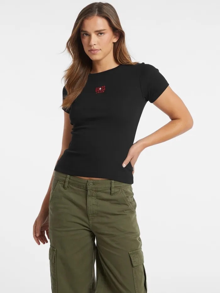 GUESS Tops Slim Embroidered Logo Tee Black 8211 Women