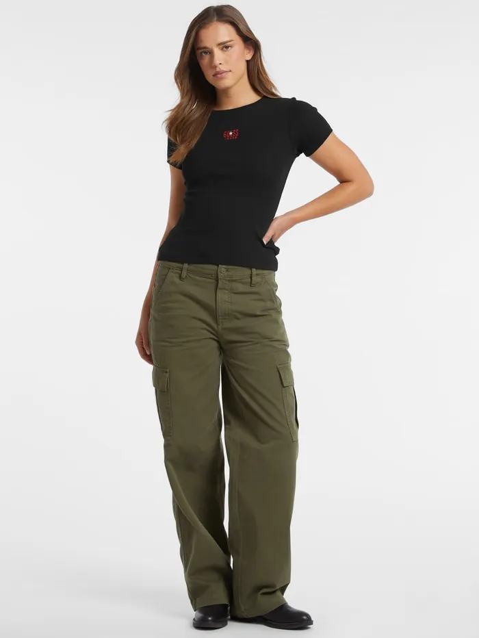 GUESS Tops Slim Embroidered Logo Tee Black 8211 Women