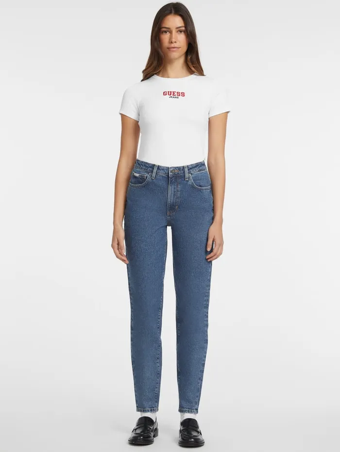 GUESS Tops Slim RibKnit Embroidered Tee White 8211 Women