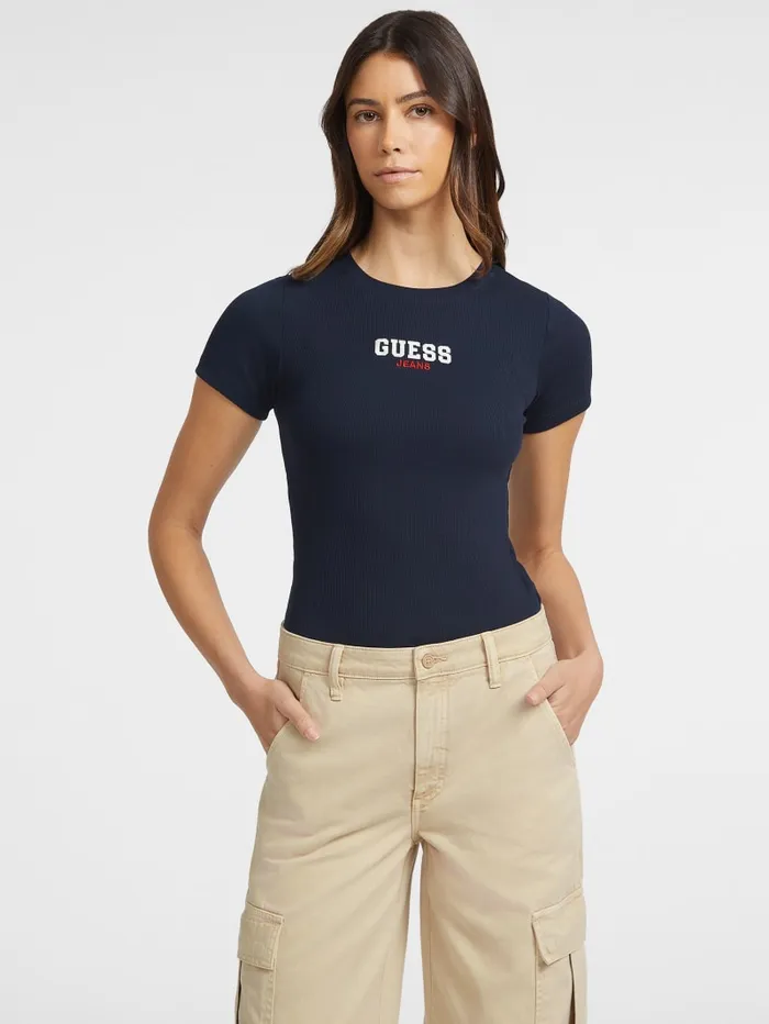 GUESS Tops Slim RibKnit Embroidered Tee White 8211 Women