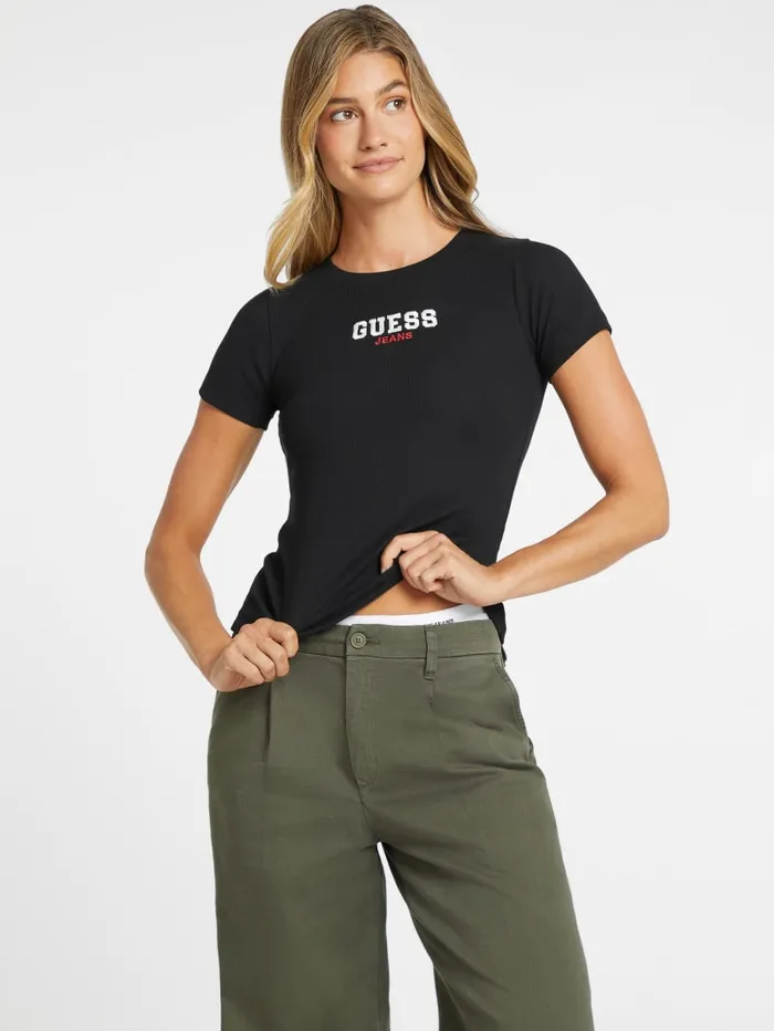 GUESS Tops Slim RibKnit Embroidered Tee White 8211 Women