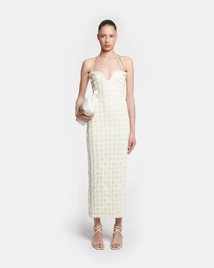 Haylen Seersucker Tech Linen Midi Dress Creme Women Nanushka Dresses