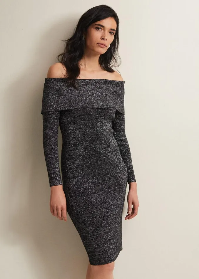 Heidi Knitted Bardot Dress Blacksilver Women Phase Eight Dresses