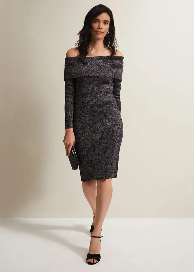 Heidi Knitted Bardot Dress Blacksilver Women Phase Eight Dresses