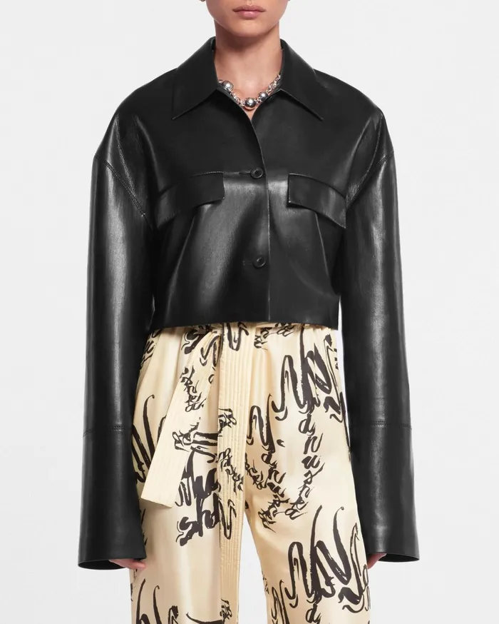 Holleen Cropped Okobor AltLeather Shirt Black Women Nanushka Tops