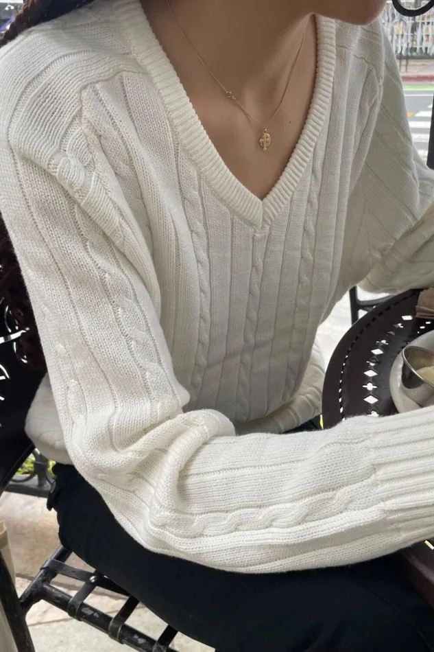 Ida Cotton Cable Knit VNeck Sweater Ivory Women Brandy Melville Sweaters