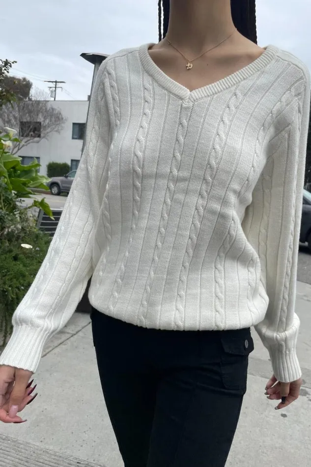 Ida Cotton Cable Knit VNeck Sweater Ivory Women Brandy Melville Sweaters