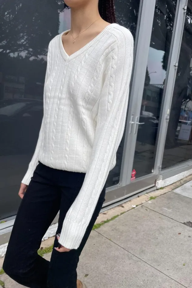 Ida Cotton Cable Knit VNeck Sweater Ivory Women Brandy Melville Sweaters