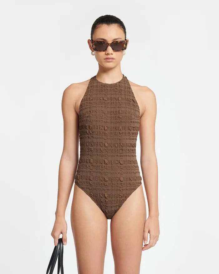 Irina Seersucker Bodysuit Dark Brown Women Nanushka Tops