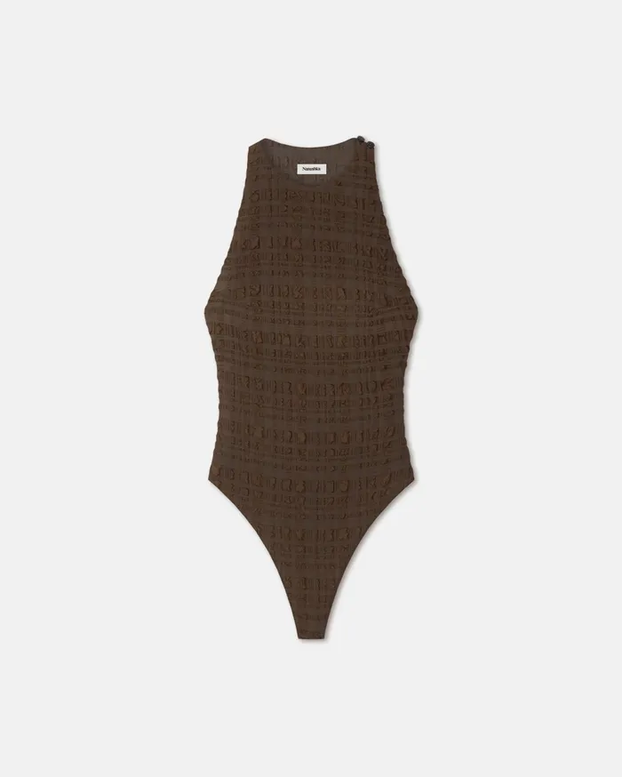 Irina Seersucker Bodysuit Dark Brown Women Nanushka Tops