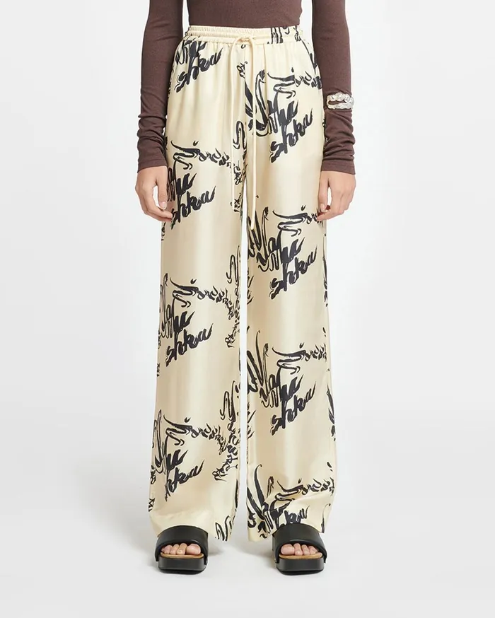 Jarine Printed Twill Silk Pants Calligraphy Creme Women Nanushka Bottoms