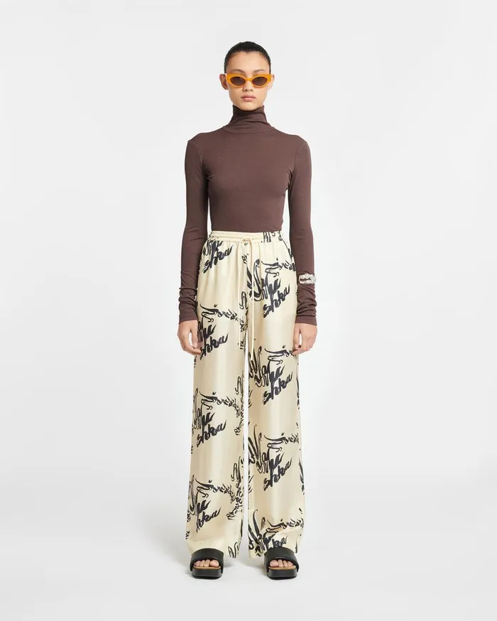 Jarine Printed Twill Silk Pants Calligraphy Creme Women Nanushka Bottoms