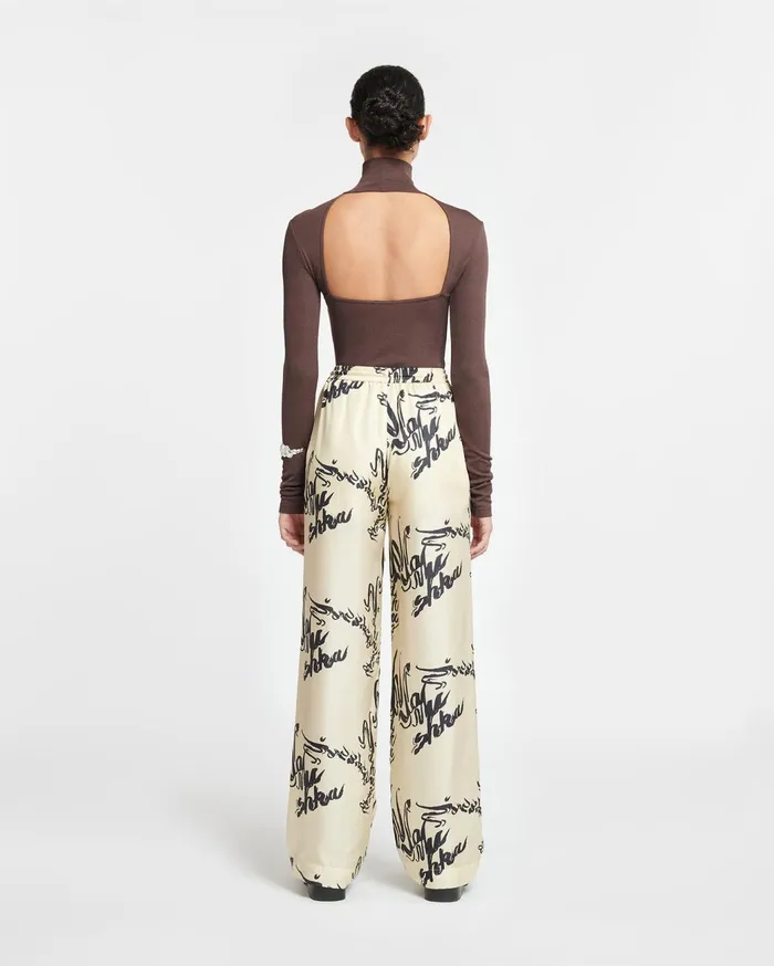 Jarine Printed Twill Silk Pants Calligraphy Creme Women Nanushka Bottoms