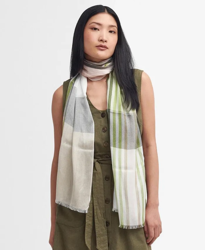 Kendra Check and Stripe Scarf Bayleaf Women Barbour Scarves and Wraps
