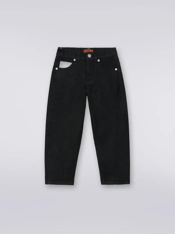 Kids FivePocket Denim Trousers With Zigzag Insert And Logo Black and White Missoni Clothing