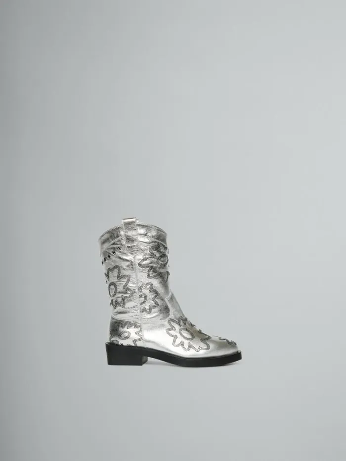 Kids Marni Silver Leather Cowboy Boot With Embroidered Patch Detail