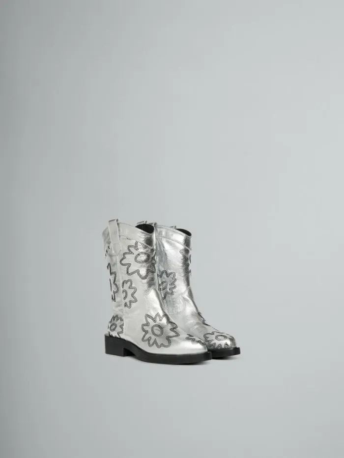 Kids Marni Silver Leather Cowboy Boot With Embroidered Patch Detail