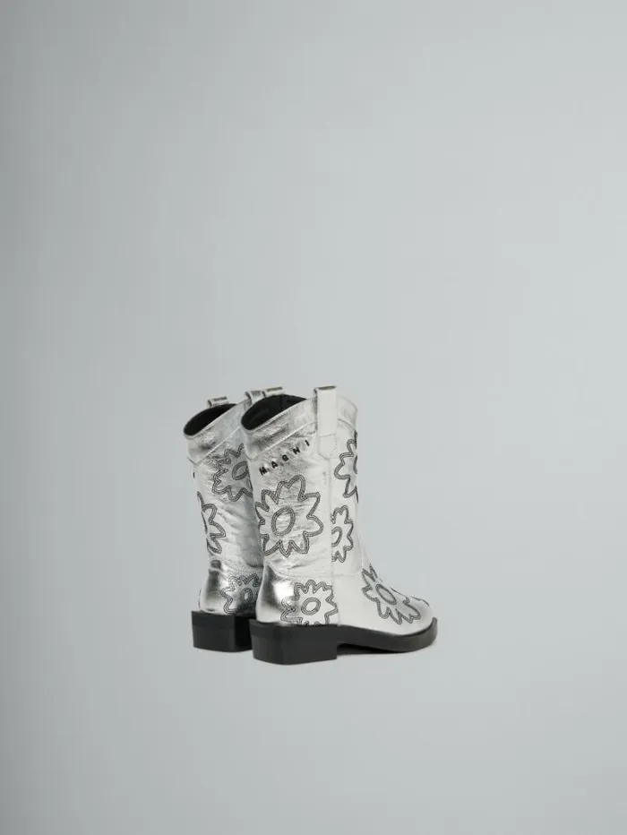 Kids Marni Silver Leather Cowboy Boot With Embroidered Patch Detail