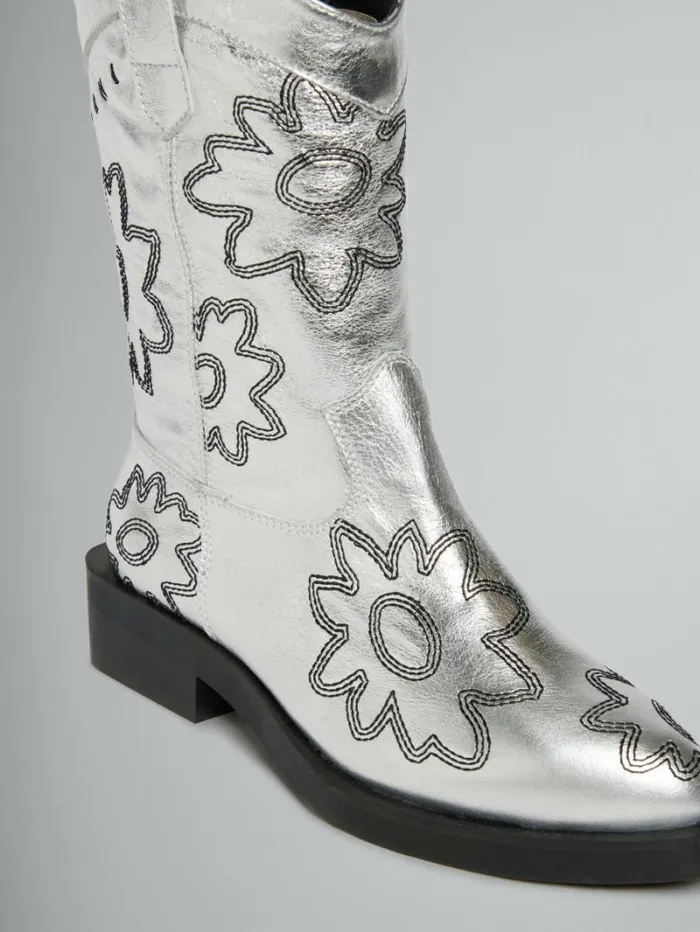 Kids Marni Silver Leather Cowboy Boot With Embroidered Patch Detail