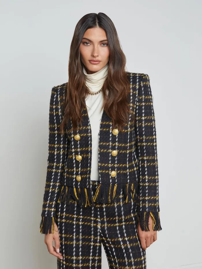 L039Agence Blazers and Jackets Women Belmont Fringe Jacket Black Yellow Multi Plaid
